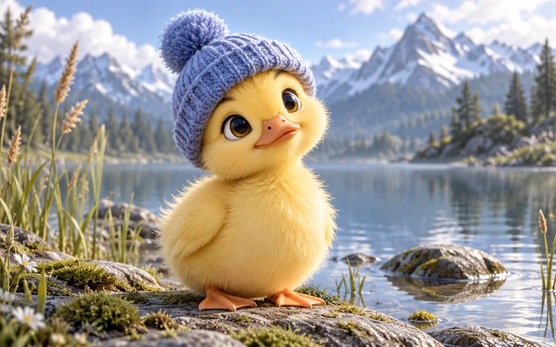 A fluffy yellow duckling in a lavender knitted hat