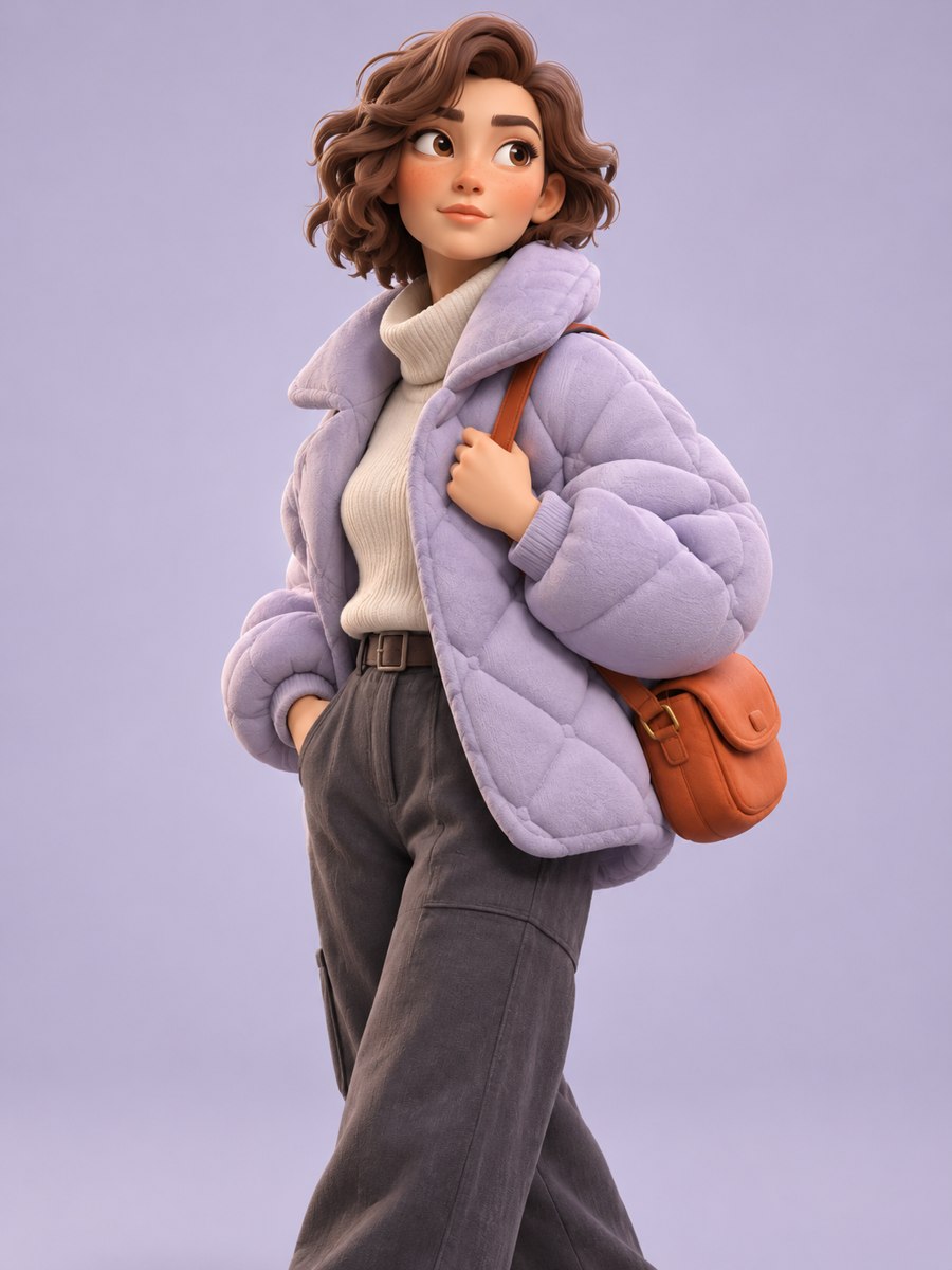 A sculptural character in a lavender jacket carrying an orange bag