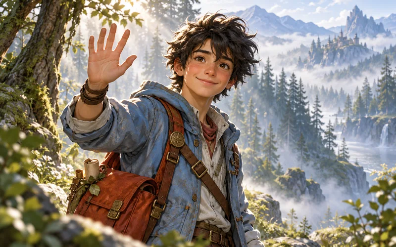 A forest messenger with a red satchel in a misty woodland