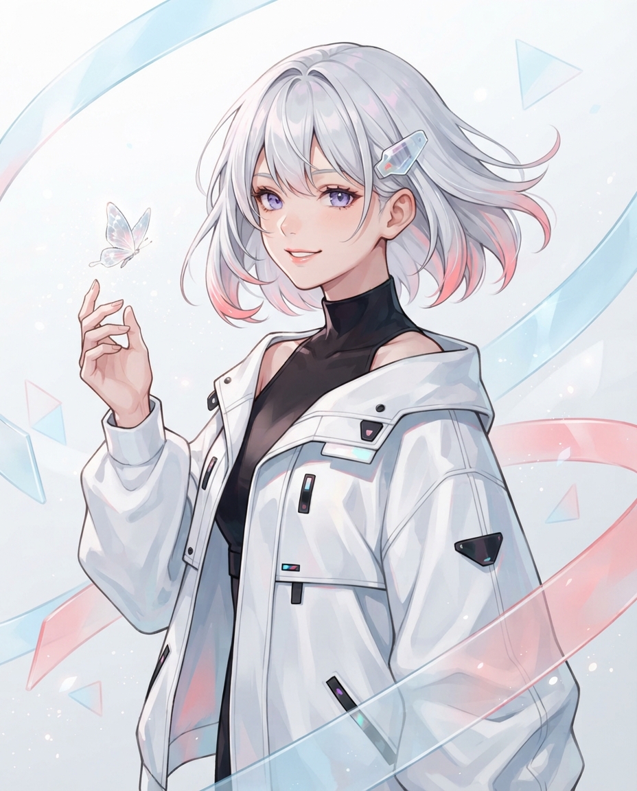 A silver-haired anime character with violet eyes and a luminous butterfly