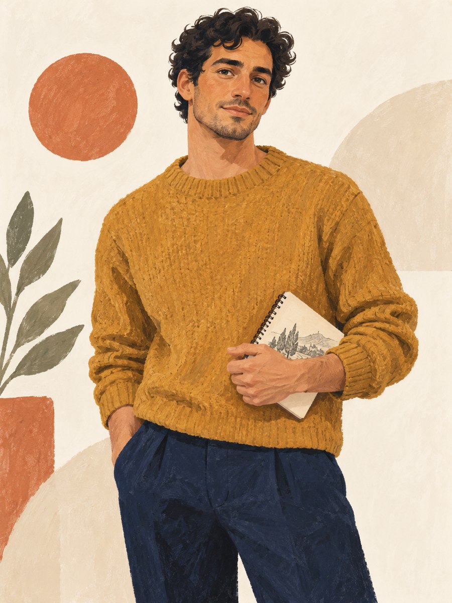 A hand-painted young artist in a mustard sweater carrying a sketchbook