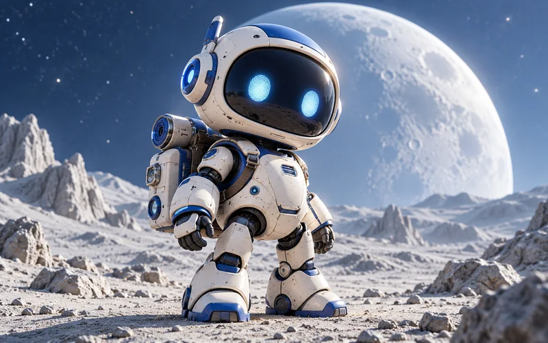 A small white and blue robot exploring the moon