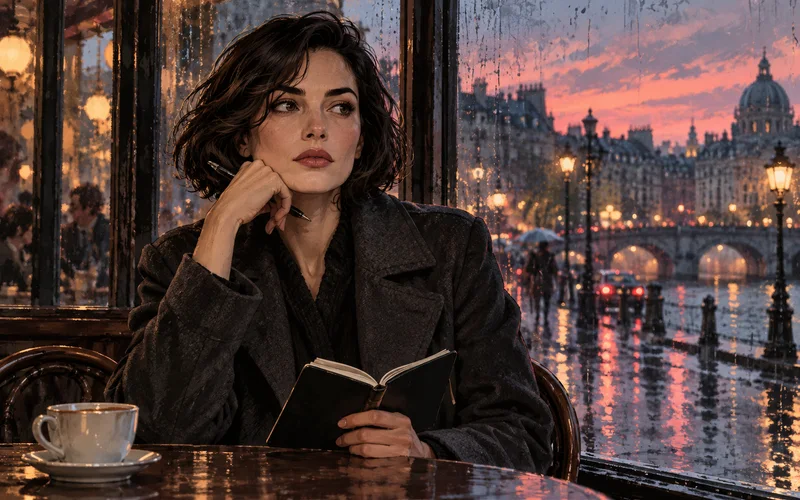 A detective in a charcoal coat on a rainy city night