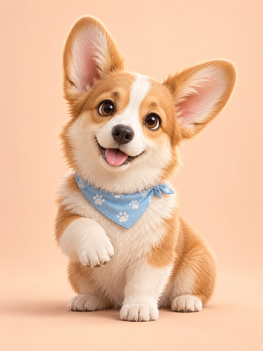 A fluffy corgi with a blue bandana and one raised paw