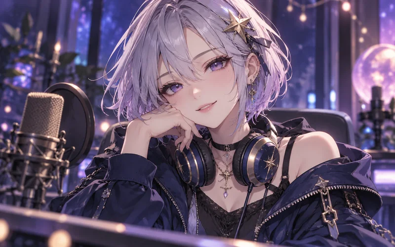 An anime radio host with silver-lilac hair and a star hair clip