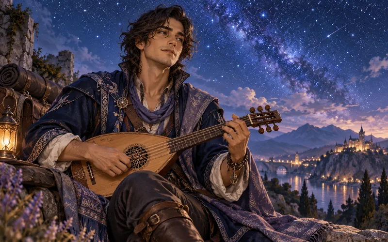 A wandering bard with a wooden lute under the stars